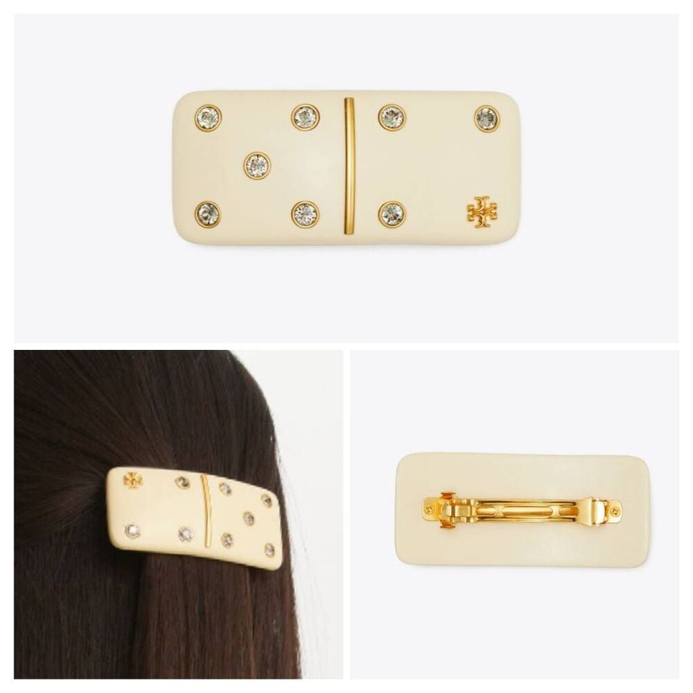 TORY BURCH Kira Domino Studded Logo Cream Barrette Hair Clip